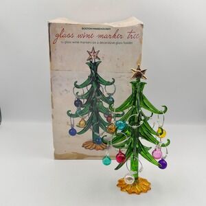 Boston Warehouse Glass Wine Marker Tree 12 Charms Green Christmas Holiday Set